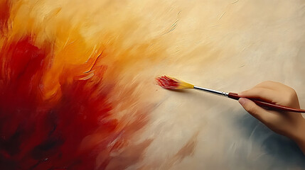 Artist's brush creating vibrant abstract painting with warm color palette