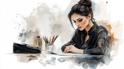 Young woman in deep concentration writing at desk with creative background