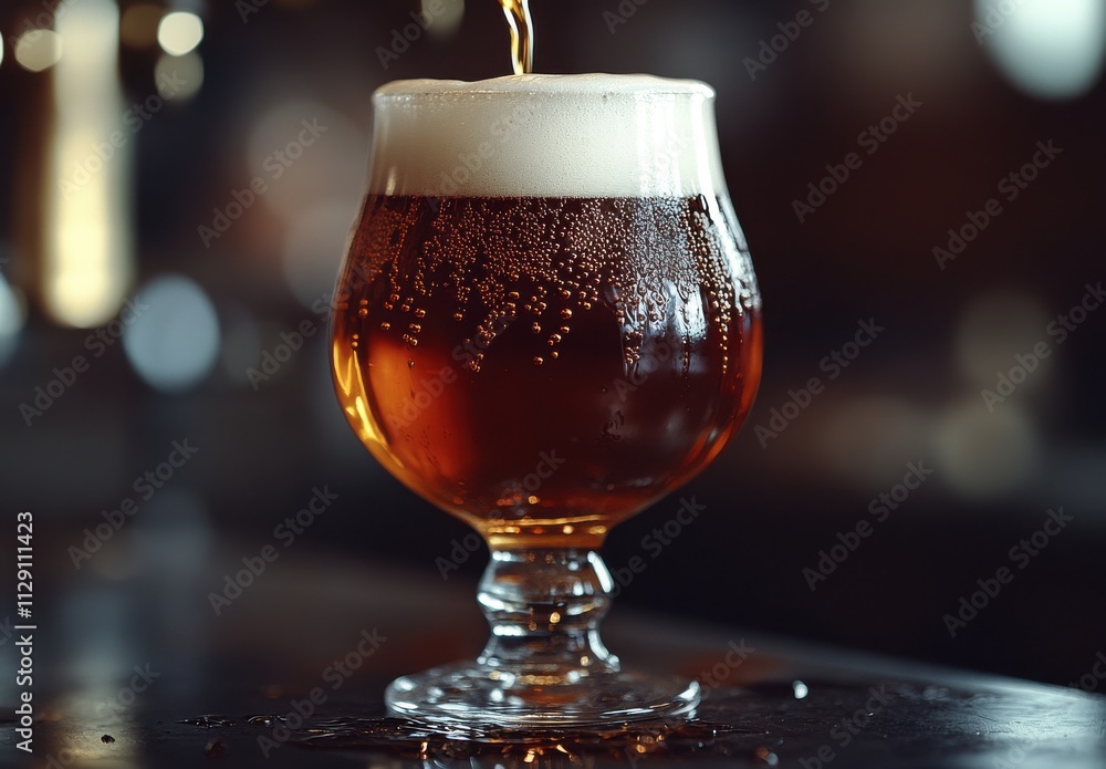 Poster a close-up of refreshing beer pouring into a crystal glass with hazy foam and bubbles, set against a