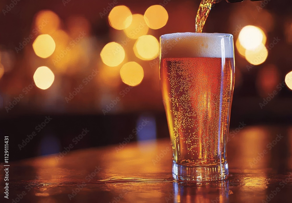 Aufkleber a close-up of a refreshing glass of beer with bubbles and foam being poured against a blurred backgr