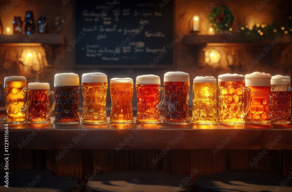 Poster a colorful array of beer varieties in glass mugs on bar counter surrounded by warm lighting and rust