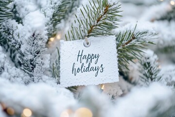 winter-themed image features a simple yet elegant arrangement of holiday items, including a wrapped present and pine cones, complemented by a hand-lettered "Happy holidays" greeting