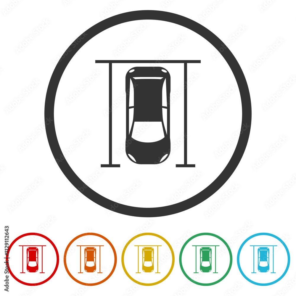 Poster top view car silhouette with parking lines icon. set icons in color circle buttons