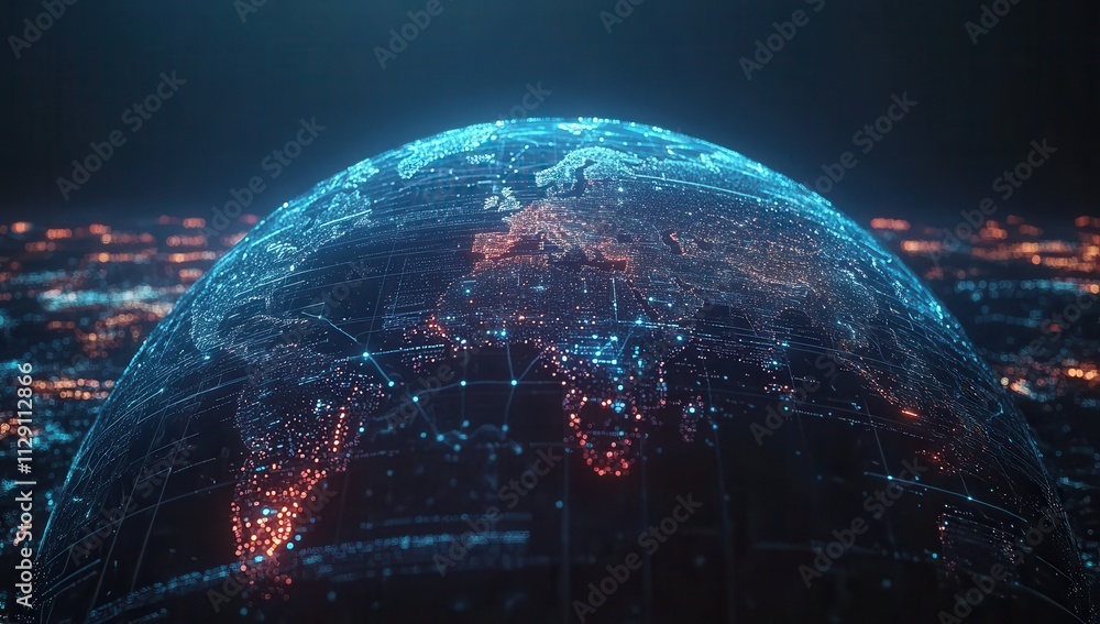Poster a high-detail digital globe representing global connectivity with bright data points and network lin