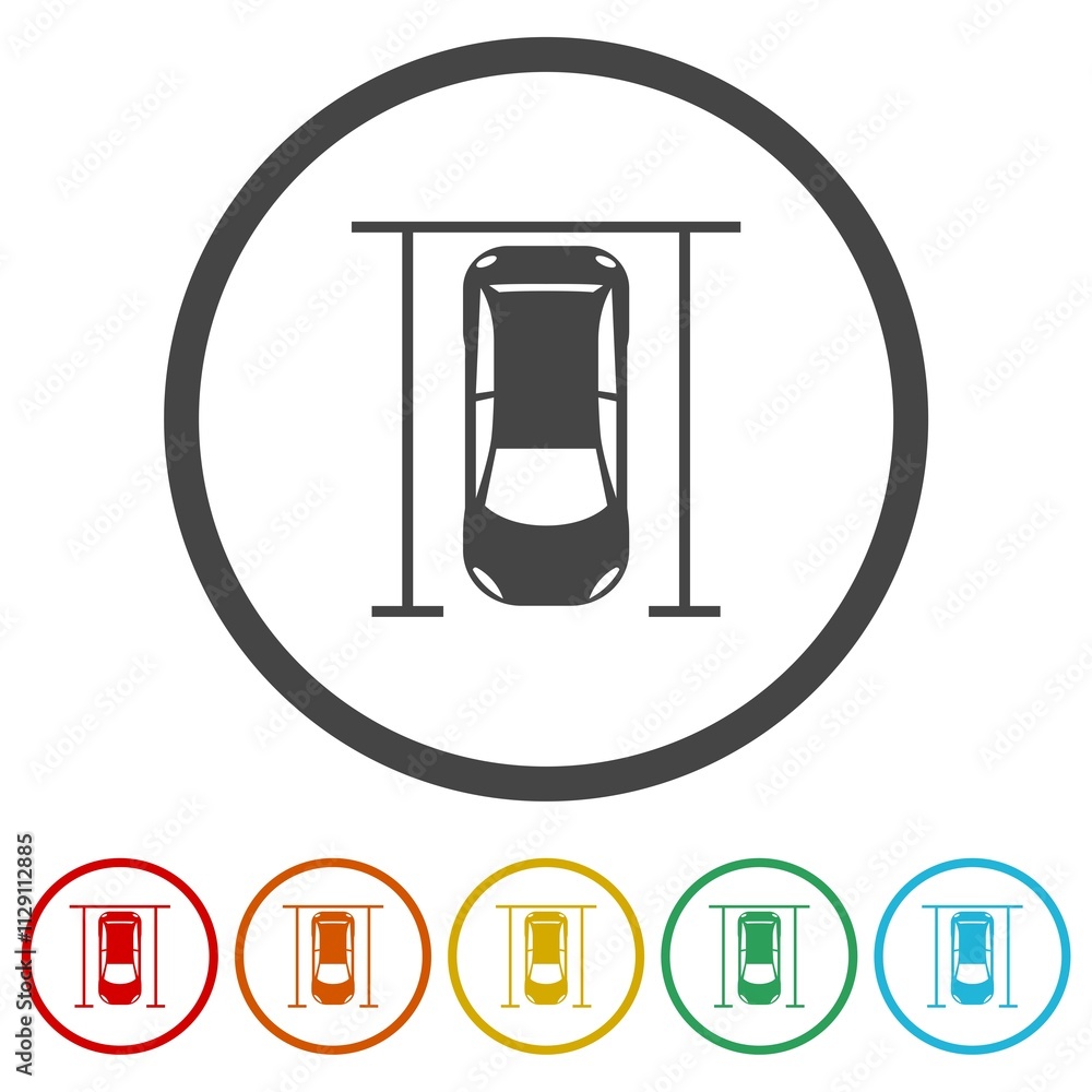 Poster top view car silhouette with parking lines icon. set icons in color circle buttons