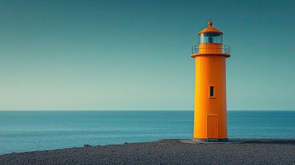 Fototapeta premium Photograph of an orange lighthouse, minimalist style, bright blue sky, frontal view, angled shot
