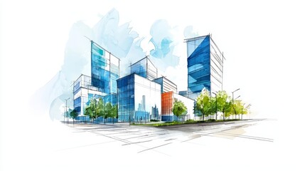 Obraz premium A vibrant watercolor illustration of modern skyscrapers surrounded by greenery under a clear blue sky.