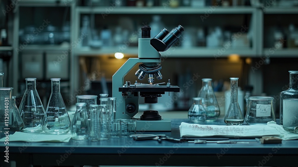 Poster a laboratory setting featuring a microscope and various glassware for scientific research.