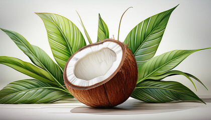 Young green coconut cluster levitate in the air isolated on white background