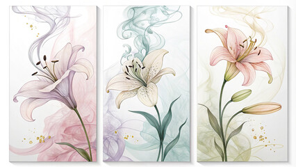 A stunning set of 3 vertical abstract posters featuring smoky lily floral art with soft pastel hues. Ideal for modern décor, combining elegance and subtlety in a seamless design.