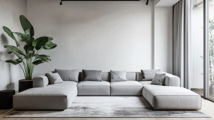 Minimalist living room with sectional sofa and area rug
