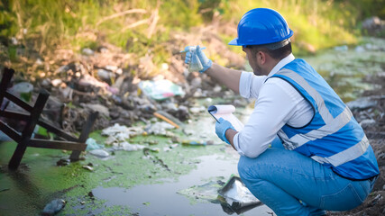 Water resource experts check the water quality in a community canal contaminated with garbage in the canal.