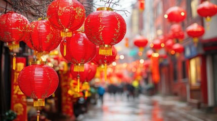 A vibrant street scene with red lanterns and decorations for Chinese New Year