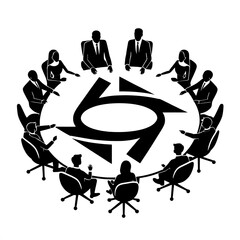 Circular Business Meeting: A stylized illustration of a diverse group of businesspeople seated around a circular table, engaged in a collaborative meeting.