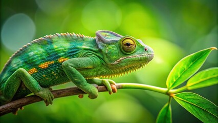 Obraz premium A vibrant green chameleon perched on a thin branch, its scales shimmer in the dappled sunlight filtering through the lush canopy