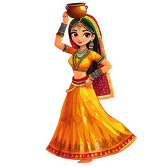 A cartoon Marwari woman in a lehenga and odhani, carrying a pot on her head.