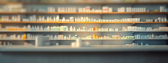 Cinematic, high-angle shot of shelves filled with various medical supplies in the pharmacy