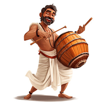 A cartoon Assamese man in a dhoti and gamocha, playing a dhol