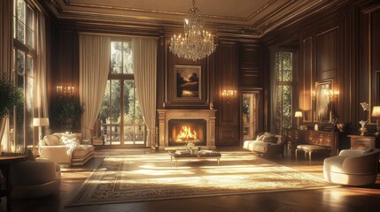Fototapeta premium Sunlit grand living room with fireplace, hardwood floors, and ornate wood paneling.