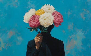 Silhouette of a Person Holding Colorful Peonies Against a Vibrant Blue Background, Artistic Conceptual Portrait
