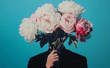 Silhouette of a Person Holding Colorful Peonies Against a Vibrant Blue Background, Artistic Conceptual Portrait
