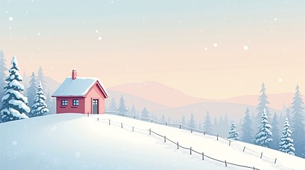 Naklejka premium Serene Winter Landscape: A Cozy Cabin Nestled in a Snow-Covered Mountain Valley at Sunrise