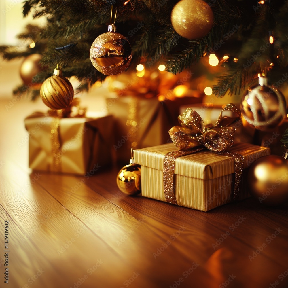 Poster xmas background mockup with copyspace. boxes of gifs under cristmas fir tree on wooden floor near fi