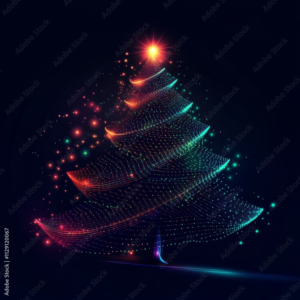 Leinwandbilder merry christmas greeting card with glowing spruce tree in futuristic glowing polygonal style on dark