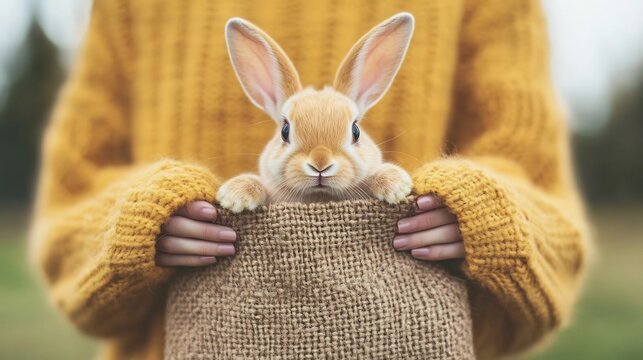 Hand Holding Jute Bag with Fluffy Bunny Peeking Out in Lifelike Photography