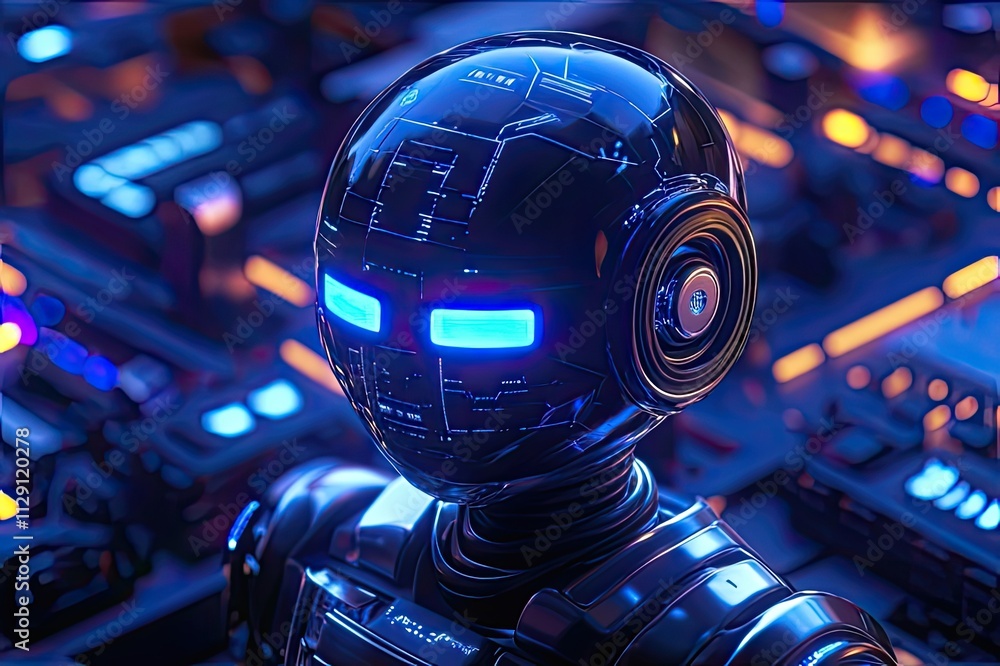 Poster futuristic robot with glowing blue eyes stands in a high-tech environment filled with circuit design