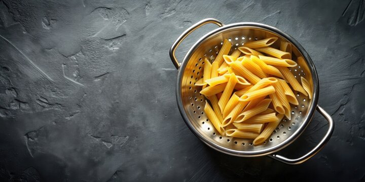 A strainer filled with cooked penne pasta sits on a dark grey textured surface, ready to be drained