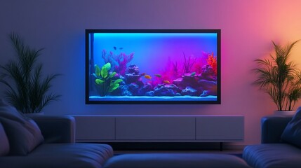 Fototapeta premium Luxurious Living Room with Vibrant Tropical Aquarium as Focal Point