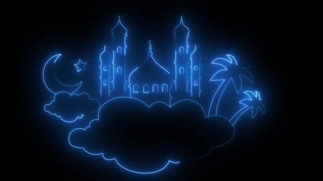Abstract neon glowing color masque icon, Mosque icon animation in flat line style on black background.