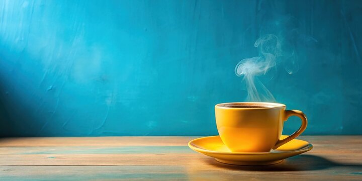 A steaming cup of coffee in a yellow mug sits on a wooden table with a turquoise blue wall backdrop. - Powered by Adobe