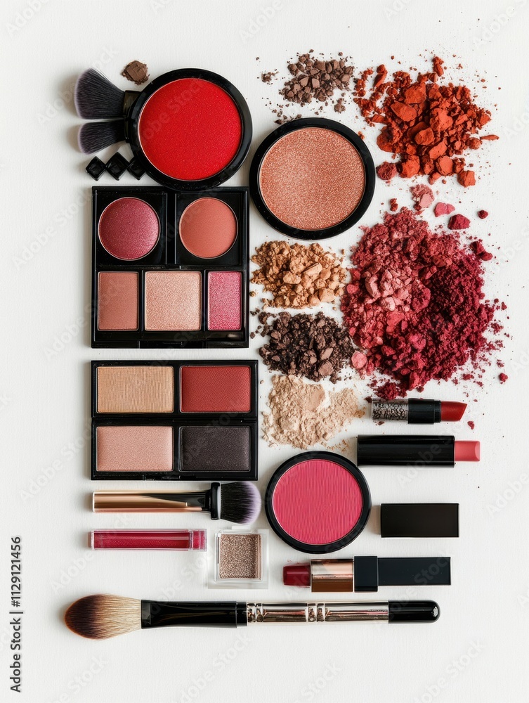 Poster a variety of makeup tools including brushes, eyeshadows, lipsticks, and powders are neatly arranged,