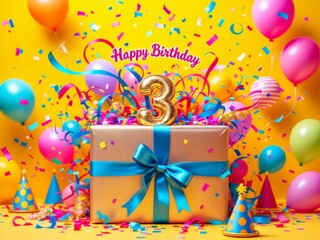 Top number 3rd Birthday Gift Box with Blue Ribbon, Balloons, Stars, Hats, and Ornaments on a Yellow Background, Celebration Concepts