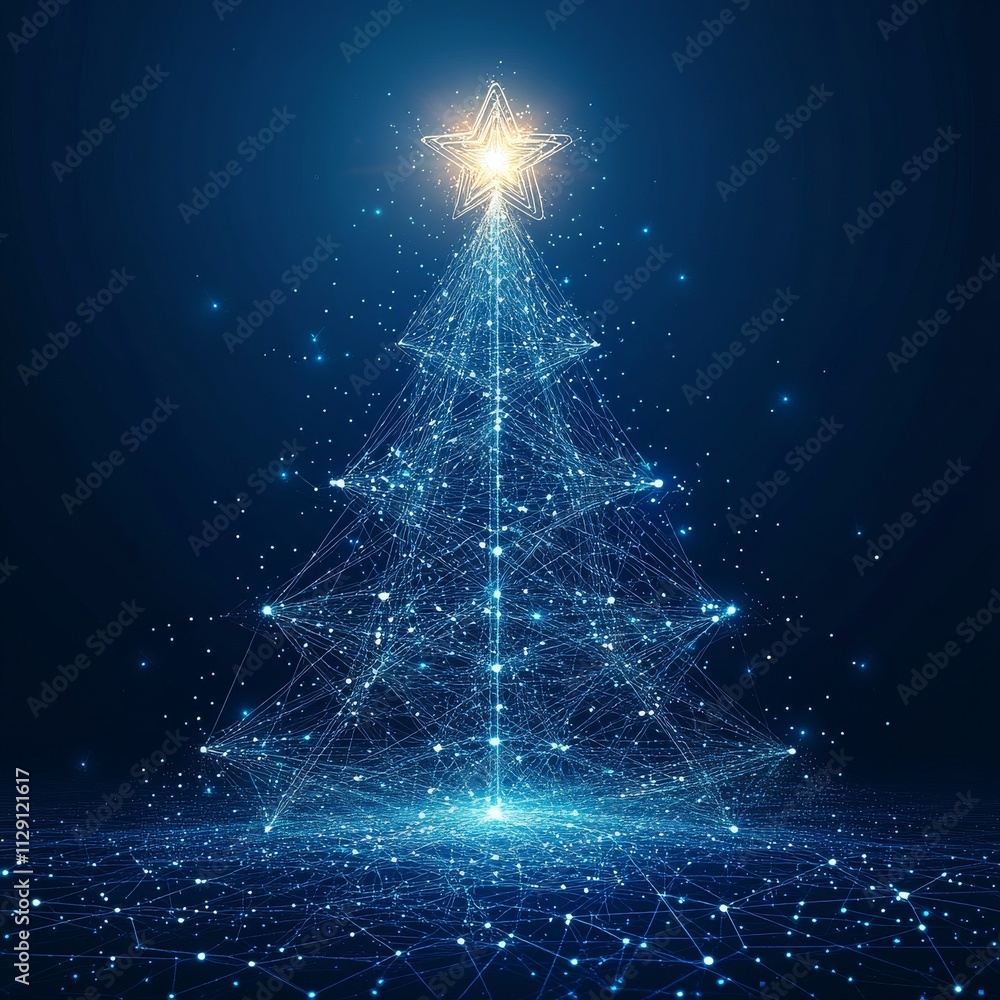 Poster Christmas Tree wuth Star wireframe polygon bokeh light frame structure and lens flare, Technology connection concept design illustration isolated on blue gradient background with copy space