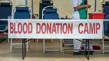 A vibrant blood donation camp with healthcare professionals and organized setup