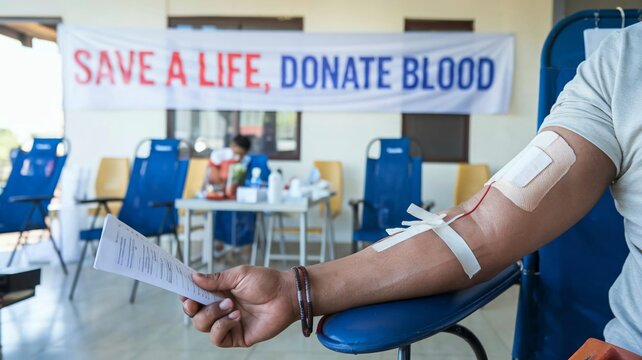 A vibrant blood donation event with supportive atmosphere and medical assistance