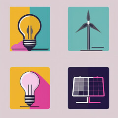 Clean, flat icons for renewable energy, including solar, wind, and eco-friendly technologies for green energy branding.