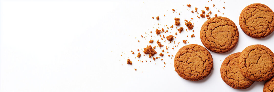 Golden brown cookies on white background with crumbs