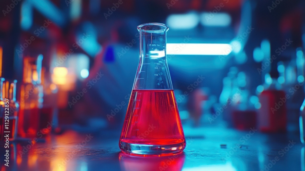 Aufkleber red liquid in erlenmeyer flask on lab table.