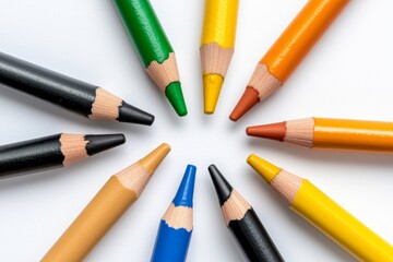 Fototapeta premium Eight colorful crayons arranged in a circle on a white background, symbolizing creativity and childhood