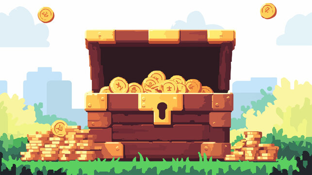 Pixelated video game scene with coffer and coins for gaming enthusiasts