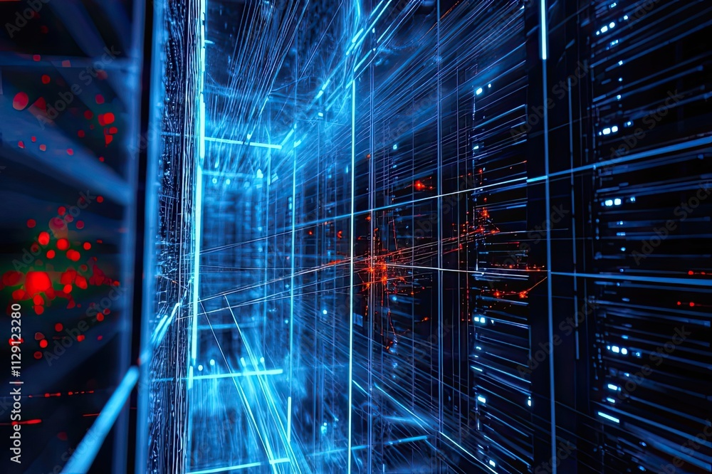 Poster vibrant digital landscape illuminated by glowing blue lines and intricate data connections in a futu