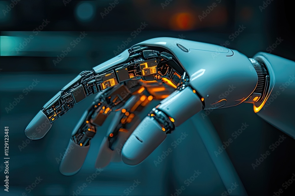 Poster futuristic robotic hand reaches out in a dark, high-tech environment illuminated by glowing circuits