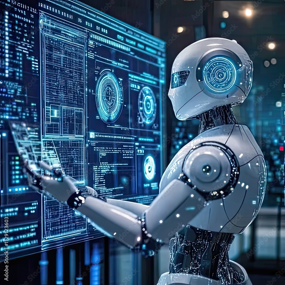 Poster futuristic robot interacting with advanced technology in a high-tech control room environment at nig
