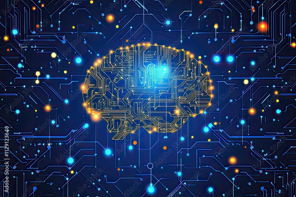 Poster conceptual representation of artificial intelligence and neural networks with digital circuits on a 
