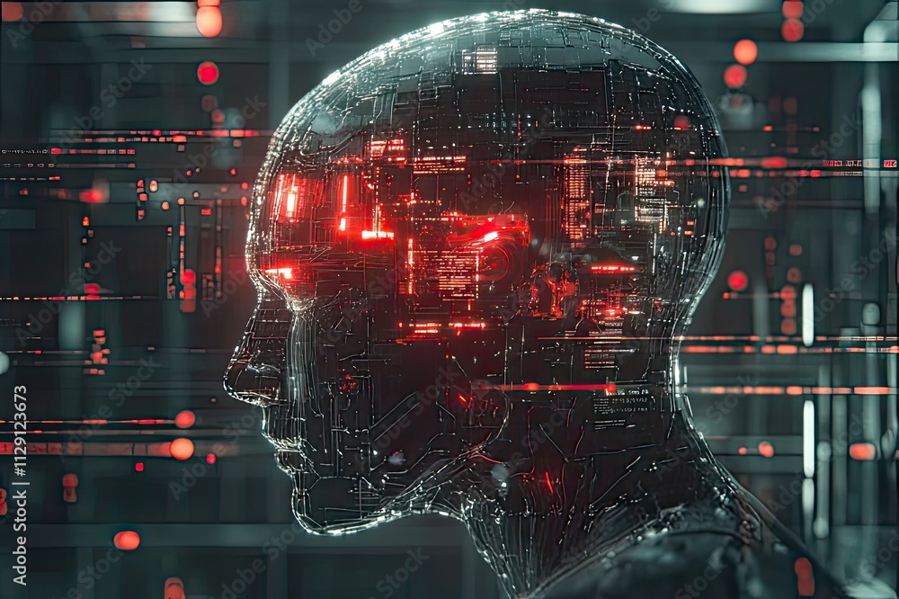 Poster futuristic humanoid silhouette illuminated by digital circuitry and glowing data fragments. generati