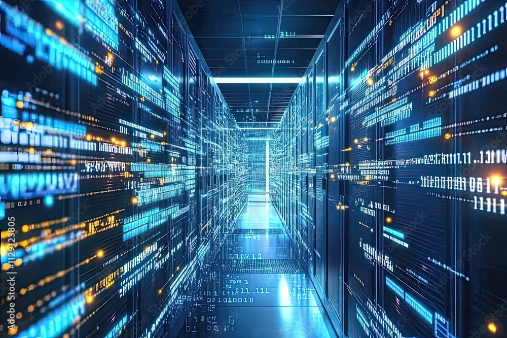 Poster data flows through a futuristic server room illuminated by blue and orange lights, showcasing the pu